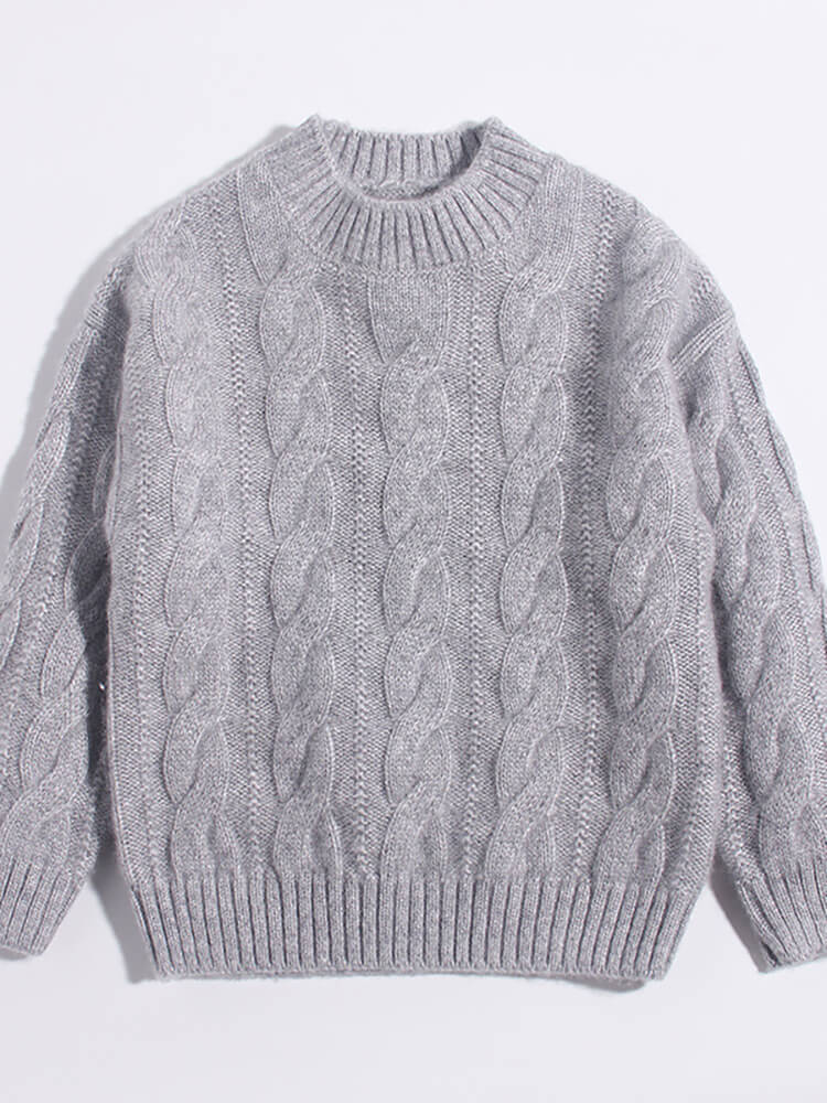 Classic Cable Knit Cashmere Crewneck Sweater for Boys and Girls